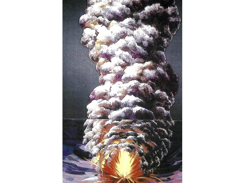 大正泥流の場面を描いた一場面。もくもく上がる噴煙の凄まじさが伝わる一枚に仕上がりました