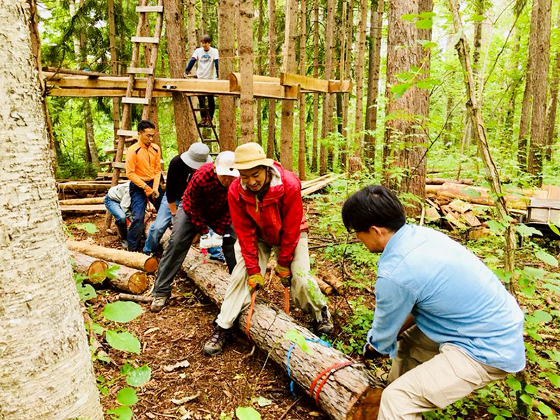 「森で暮らす」を学べる場所として、エリアの名前は「イカウシクラス」。ツリーハウス作りでは、それぞれができることを分担します