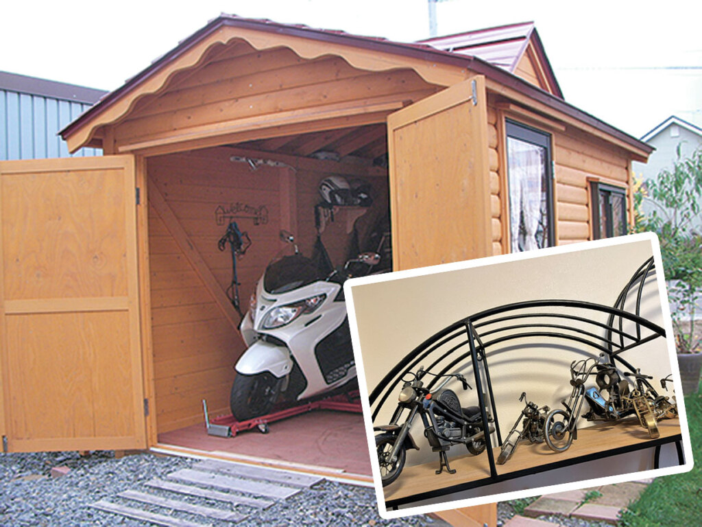 ④カラーやサイズのバリエが豊富なゼストシステムのログハウス。バイク小屋にする人もいれば、安井社長自身は廃材を溶接したグッズをコレクションしたり。用途は多彩